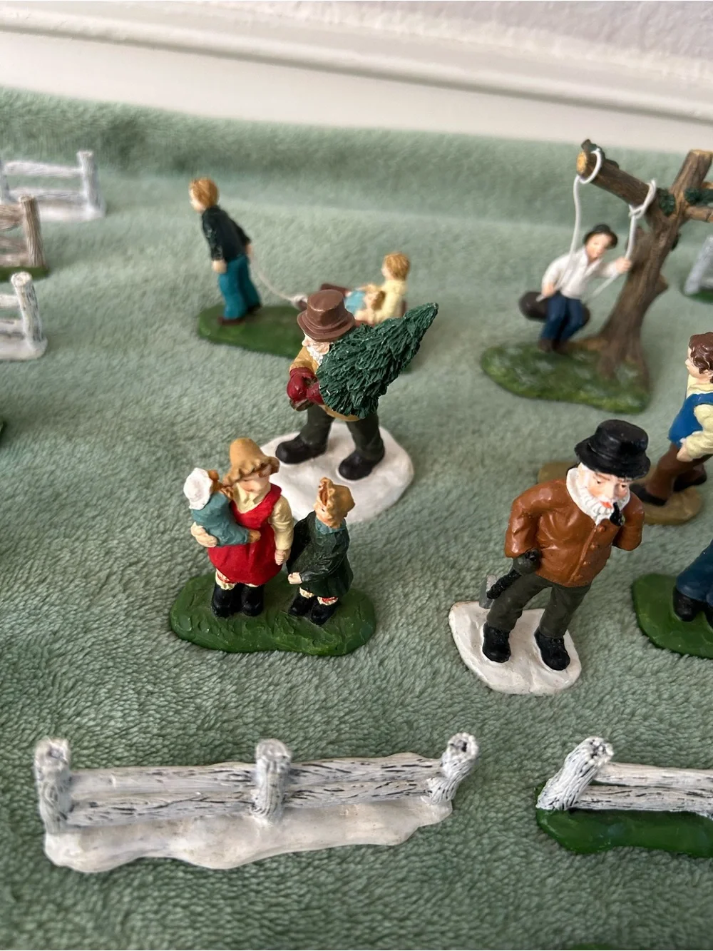 Folk Art picket fence grass snow people swing village accessory Christmas lot